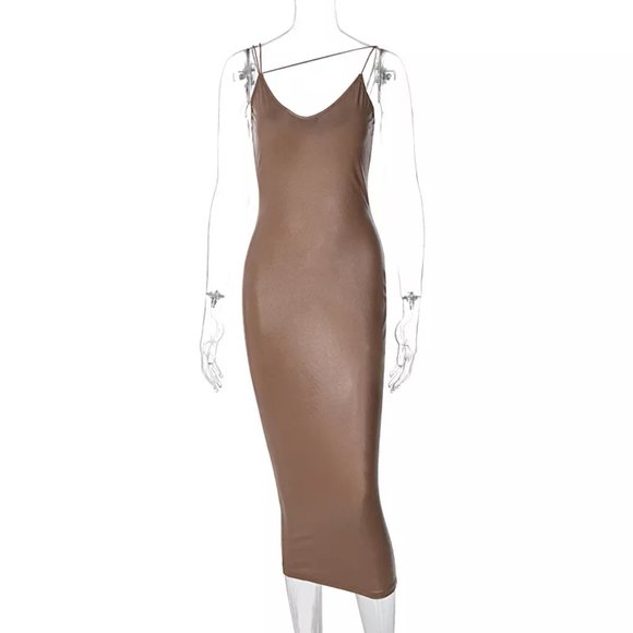 Dresses & Skirts - Brown faux Leather Spaghetti Strap Bodycon Midi Dress- 👗 #fashion #style #ootd